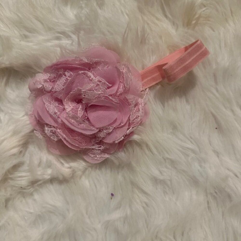 Pink Chiffon & Lace 4" Flower on FOE Headband 7476 Handmade Boutique